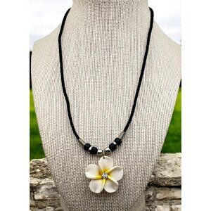 Hawaii Fimo Clay White Flower Pendant Necklace Choker Black Cord